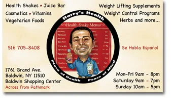 Custom caricature business card designed for a health food store featuring a hand-drawn character mascot